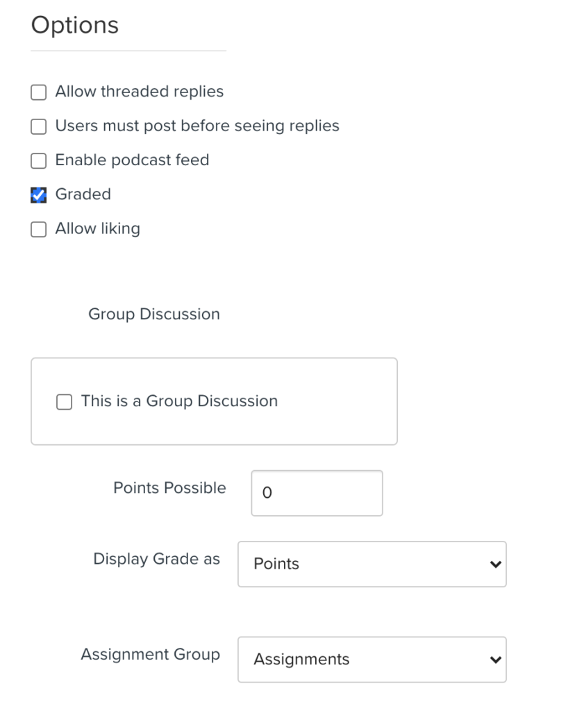 Screenshot of the options on the discussion settings page for a graded discussion. 