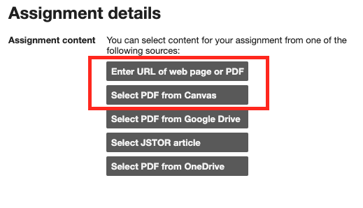 Screenshot of option to "Enter URL of web page or PDF" or "Select PDF from Canvas."