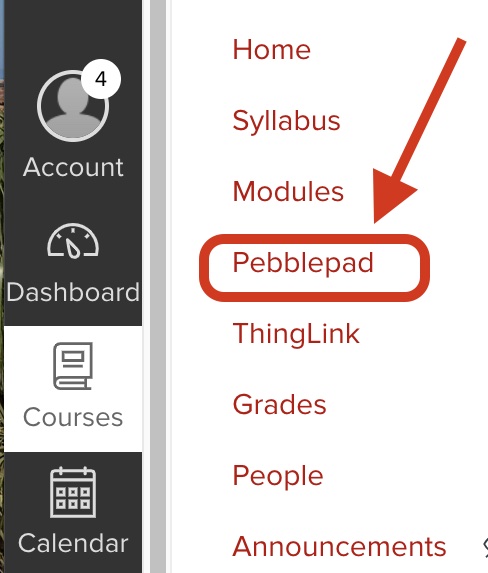 This screenshot shows where the PebblePad navigation link is located within a Carmen course.