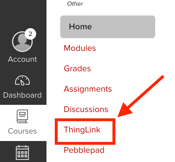 This screenshot shows where the ThingLink navigation link is located within a Carmen course.