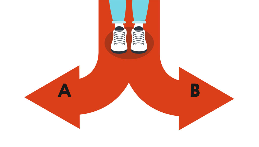 A pair of feet stand on a path that splits into two parallel lines, path A and path B.